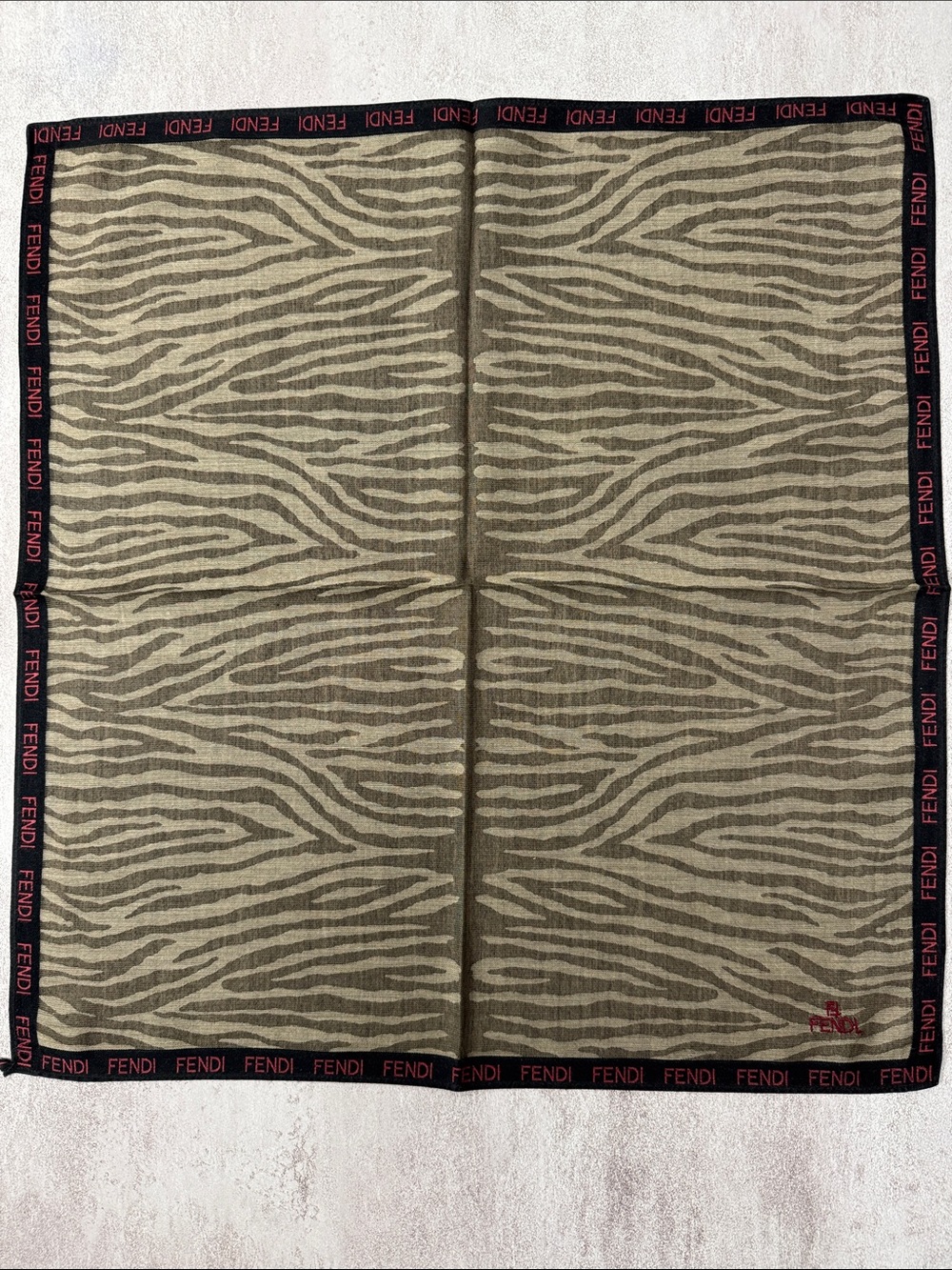 Fendi Olive & Black Zebra Logo Border Scarf